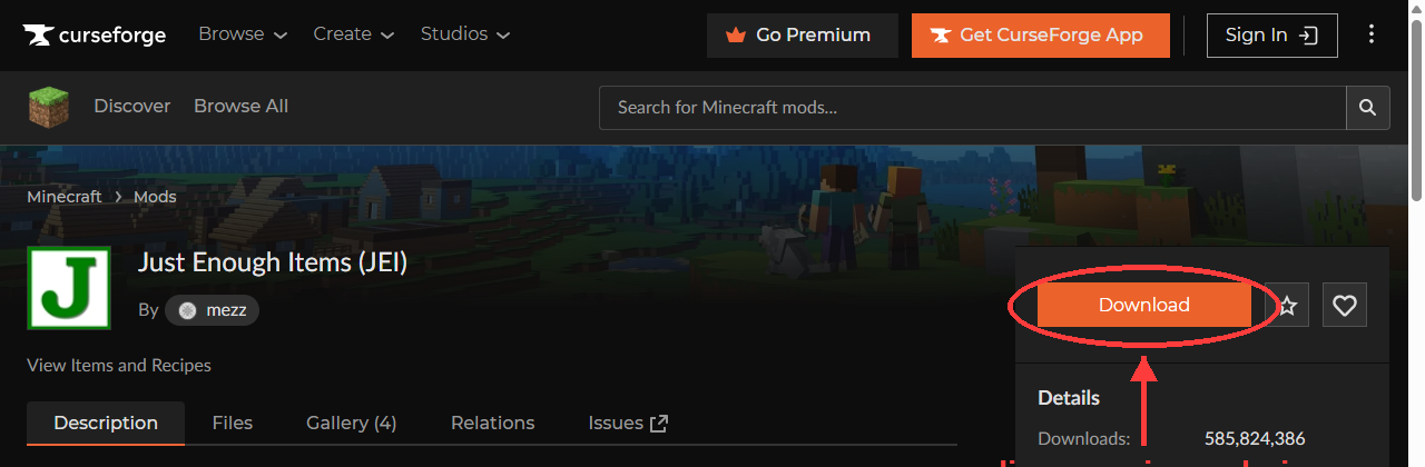 Página do mod JEI no CurseForge, com seta indicando o botão de download