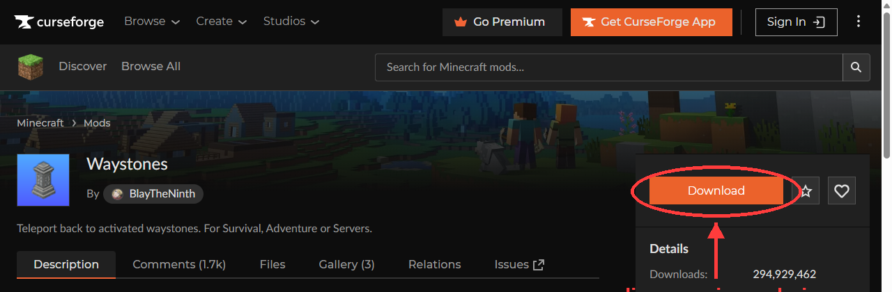 Página do mod Waystones no CurseForge, com seta indicando o botão de download